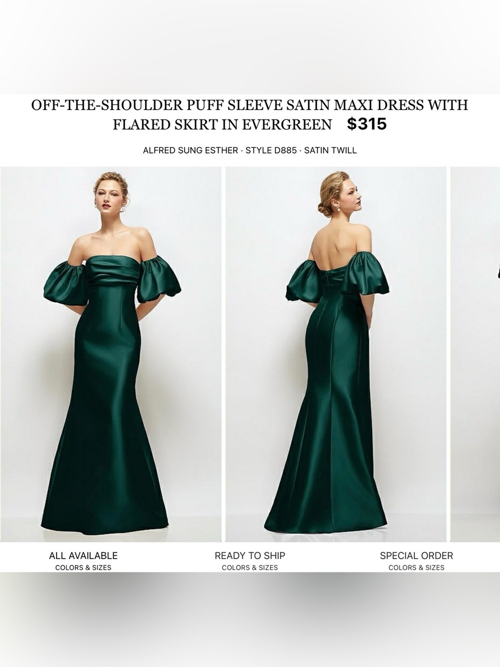 ALFRED SUNG Evergreen Off-the-Shoulder Puff Sleeve Satin Maxi Dress